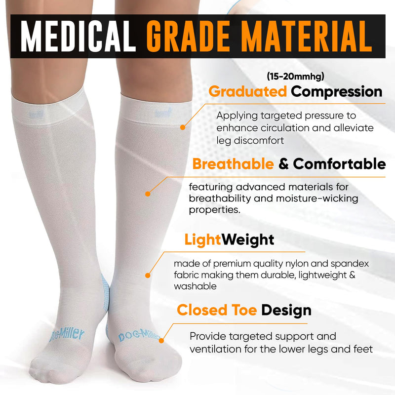 Doc Miller TED Hose Knee High Anti Embolism Stockings for Women & Men, Hospital Style Surgical Stockings, Plus Size White Compression Socks 15-20mmHg, Support Hose with Inspection Hole (M-5XL) Medium