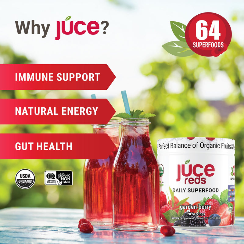 Juce Reds Organic Superfood Powder | Beet Root, 64 Superfoods | 20 Servings | Garden Berry flavor | Probiotics, digestive enzymes & adaptogens | USDA Organic, Non-GMO, Gluten Free