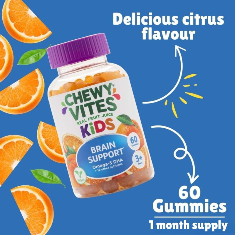 Chewy Vites Kids Brain Support, 60 Kids Vitamins Gummies, Vegan Omega 3 DHA, 13 Essential Vitamins & Minerals, 1 Months Supply, Real Fruit Juice, Age 3 +, Orange Flavour 60 count (Pack of 1)