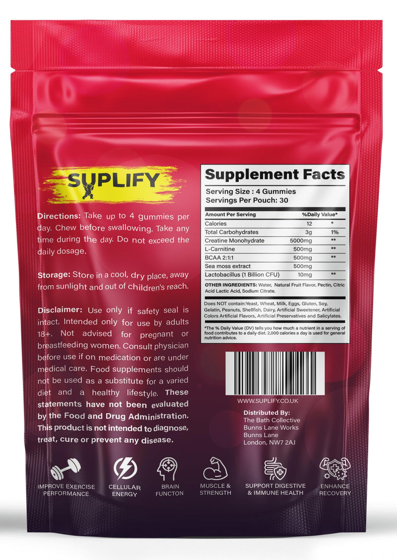 Creatine Monohydrate Gummies – 5000mg High-Potency | 120 Vegan Sugar-Free Gummies with BCAAs, L-Carnitine, Seamoss & Probiotics | 1 Month Supply | Pre-Workout Muscle Builder | Strawberry