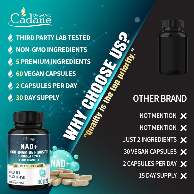 Organic Cadane Nicotinamide Riboside Supplement | with Rhodiola Rosea, Ashwagandha, Green Tea & More | Cellular Health & Vitality Support | Vegan, Non-GMO – 60 Capsules