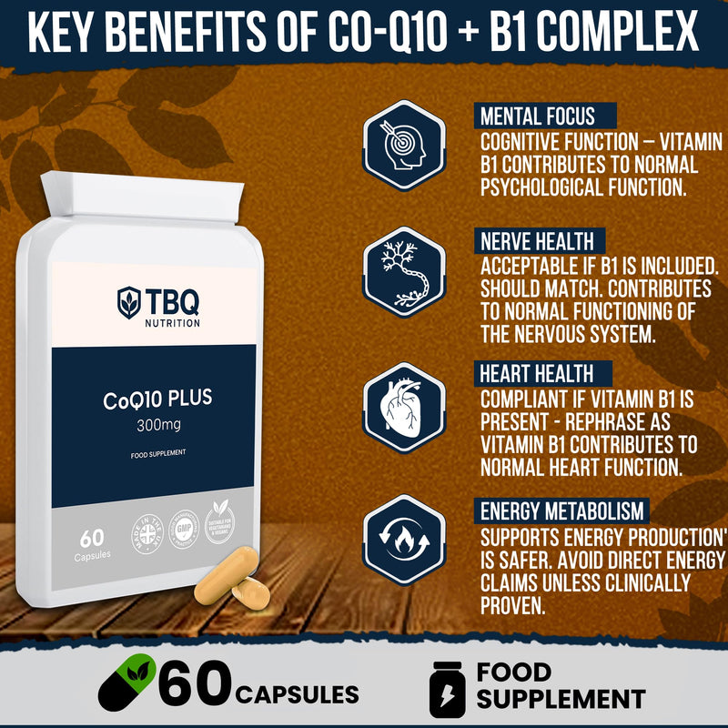 CoQ10 Plus 300mg + Vitamin B1 – 60 Capsules (2 Months Supply) | Ubiquinone with Thiamine | Supports Energy, Heart Function & Normal Nervous System | Premium UK-Made