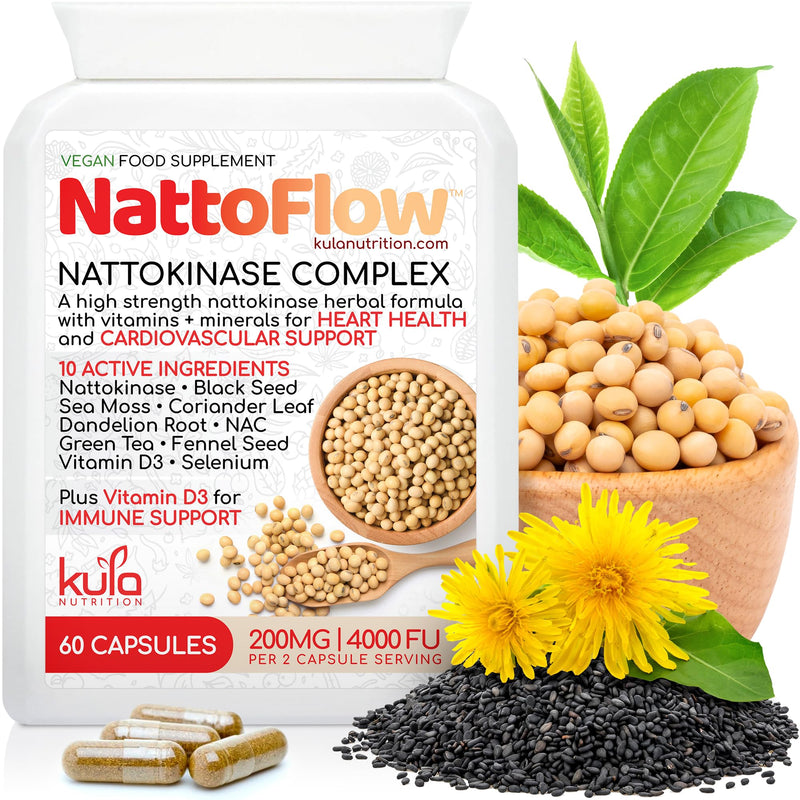 NattoFlow - 200mg 4000 FUs - High Strength Nattokinase Supplement for Heart Health - Plus Black Seed, Sea Moss, Green Tea, Dandelion, NAC, Coriander, Fennel, Selenium, Vitamin D3-60 Vegan Capsules