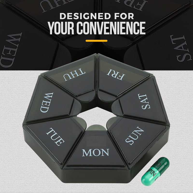 Weekly Pill Organizer - (Pack of 4) 7-Day Pill Container - Arthritis Friendly Portable & Compact Travel Case Daily Compartment Medicine Pills Box for Supplements, Medication, Vitamins and Fish Oils