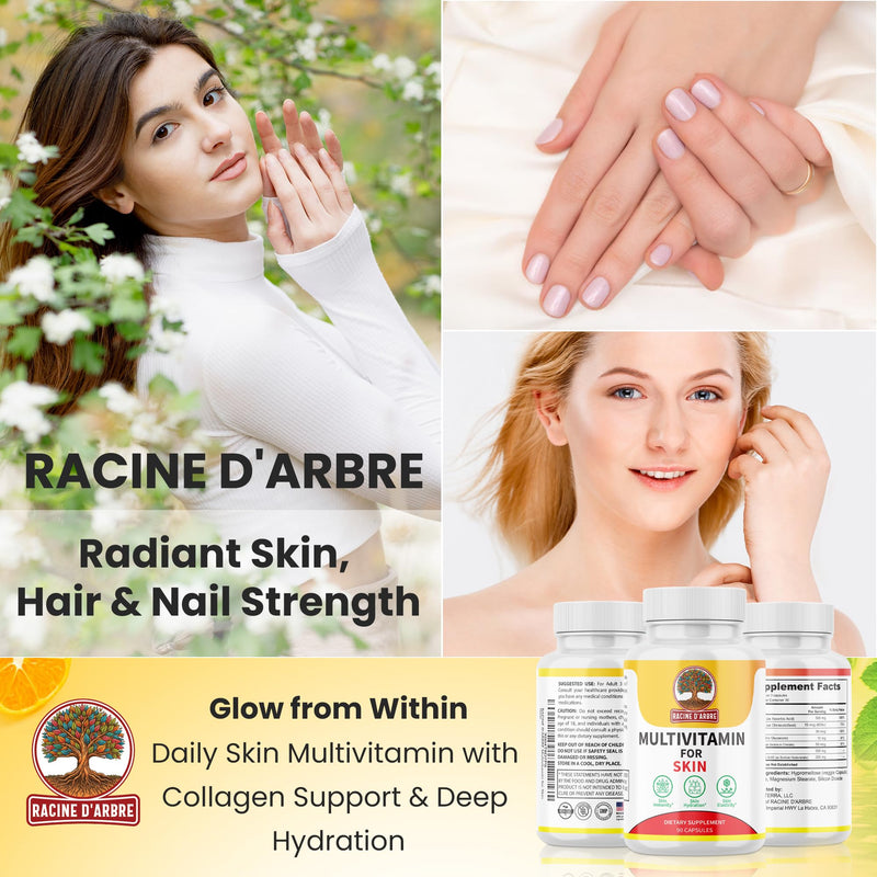 Racine D’ARBRE Multivitamin Skin Supplement – Hyaluronic Acid, Vitamin C, Selenium, Biotin, Zinc & Proline – Collagen, Hydration & Beauty Support – 90 Capsules