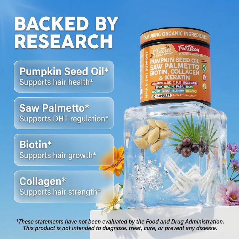 Clean Nutra Pumpkin Seed Oil Capsules + Saw Palmetto Biotin Collagen Keratin MSM Folate Hyaluronic Acid Supplements B12 Zinc Hair Supplement for Women Men Iodine 5-MTHF B-12 Vitamin B9-60 Pills