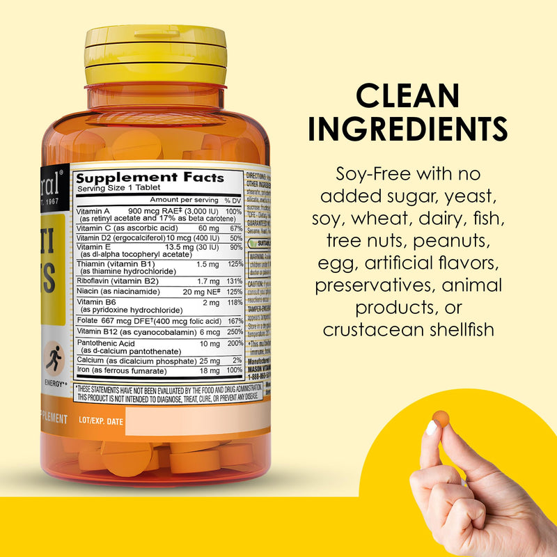 MASON NATURAL Mini Multivitamin with Iron, Gluten Free, 100 Day Supply | 12 essential nutrients plus iron, including vitamins A, C, D, E, B-complex, folate & calcium for daily support 100 Count (Pack of 1)