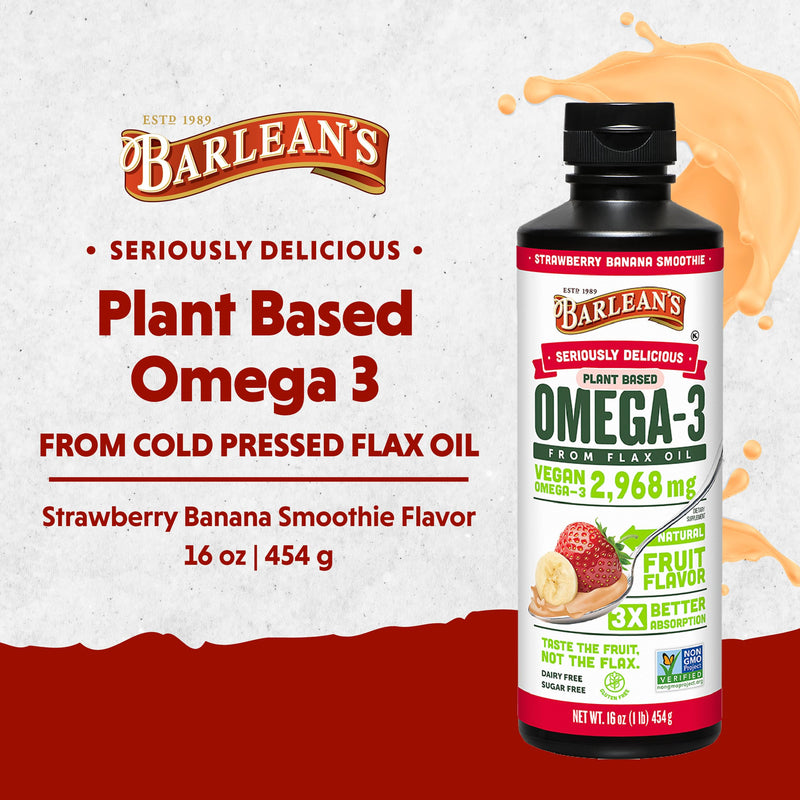 [Australia] - Barlean's Strawberry Banana Omega 3 Liquid Flaxseed Oil with 2,968 mg Vegan Omegas 3 6 9, Smoothie Supplements for Kids & Adults from Cold Pressed Flax Seed Oil, Non-GMO & Gluten Free, 16 oz Strawberry Banana Smoothie 1 Pound (Pack of 1) 
