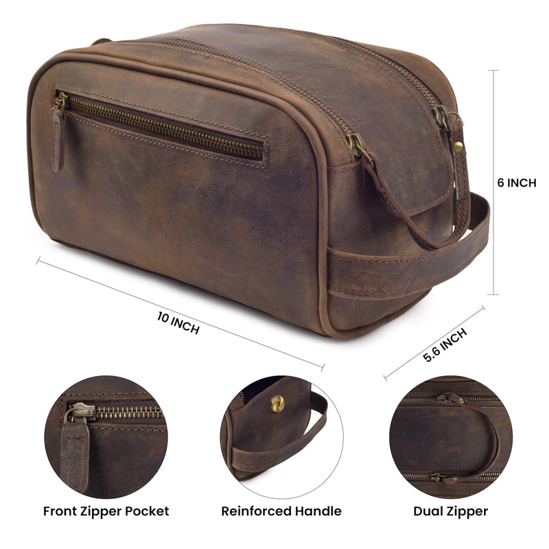 Genuine Leather Toiletry Bag for Men - Rustic Classic Vintage Handcrafted Full-Grain Leather Travel Dopp Kit with Waterproof Lining & Handle, Shaving & Grooming Kit Organizer Pouch - Rustic Brown