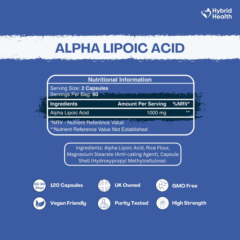 Hybrid Health Alpha Lipoic Acid 1000mg Supplement - 98% Lab-Tested Purity ALA, 120 Vegan Capsules, High-Strength Formula, 2 Months Supply