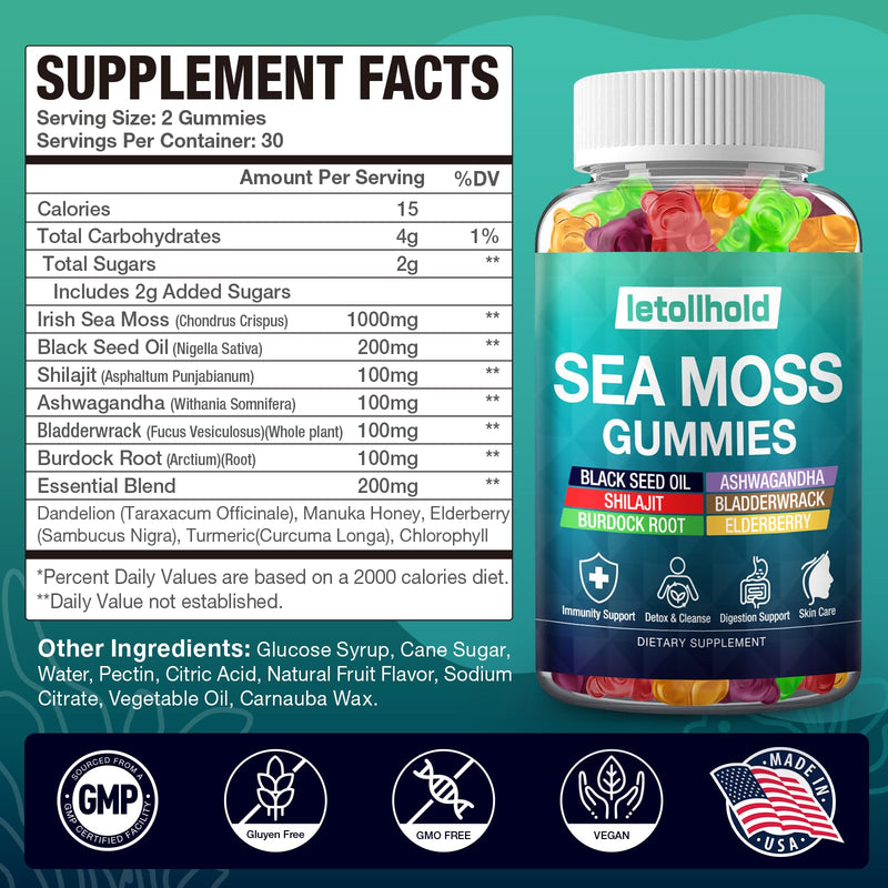 Sea Moss Gummies - Irish Sea Moss Gummies Advanced for Adults with Ashwagandha Bladderwrack & Burdock Root for Supports Immune，Energy - 60 Vegan Gummy,2PCS 60 Count (Pack of 2)