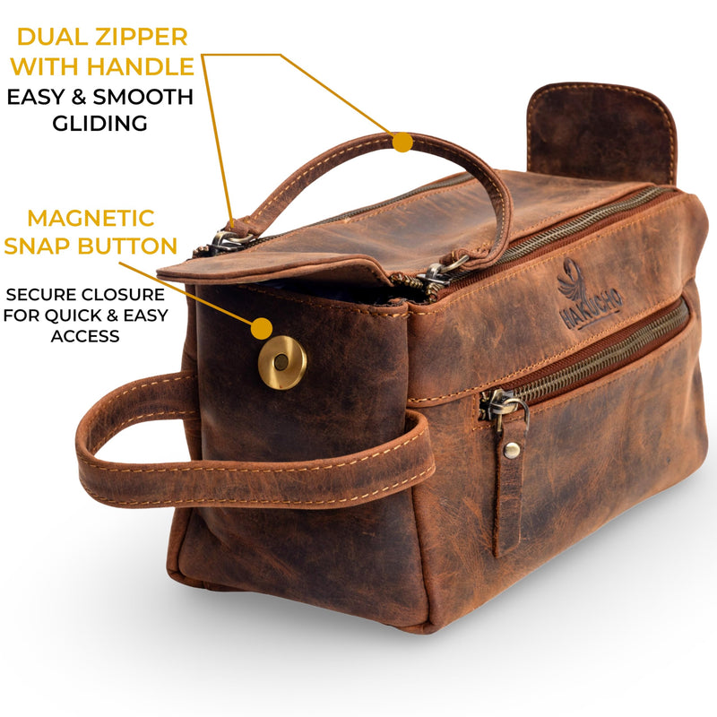 Full Grain Leather Toiletry Bag for Men & Women – Water-Resistant Travel Shaving Kit Organizer with YKK Zipper, Spacious Bathroom Grooming & Cosmetic Storage Case, Dopp kits (Tan Brown) Tan brown 1