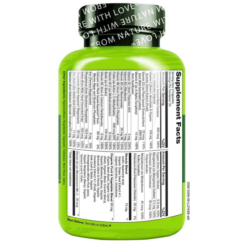 NATURELO Whole Food Multivitamin with Extra Hair, Skin & Nails Support - Beauty Blend with Hyaluronic Acid & Grape Seed - High Potency Biotin, Vitamin C, & Glutathione, 60 Vegan Capsules (Pack of 2) Unflavored 60 Count (Pack of 2)