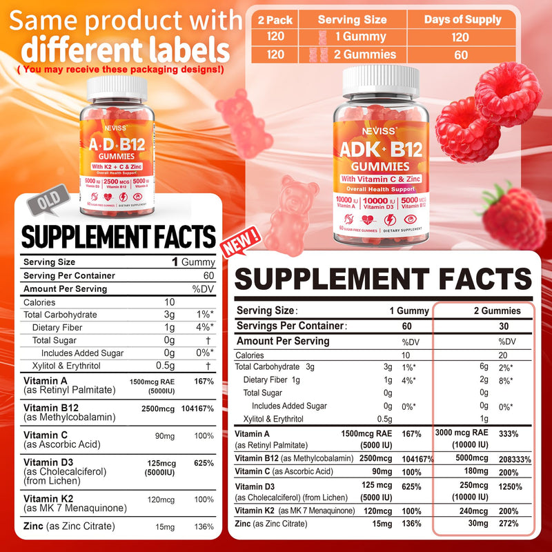Sugar-Free ADK+Vitamin B12 Gummies - Vitamin D3 K2 10,000IU/ 5000IU, B12 5000mcg 2500mcg, K2 (MK-7) 240mcg, Multivitamin Adults-Vitamin A,Vegan Vitamin D,Methyl B12,C,Zinc-Eye,Bone,Energy,Nerve,Immune 60 Count (Pack of 2)