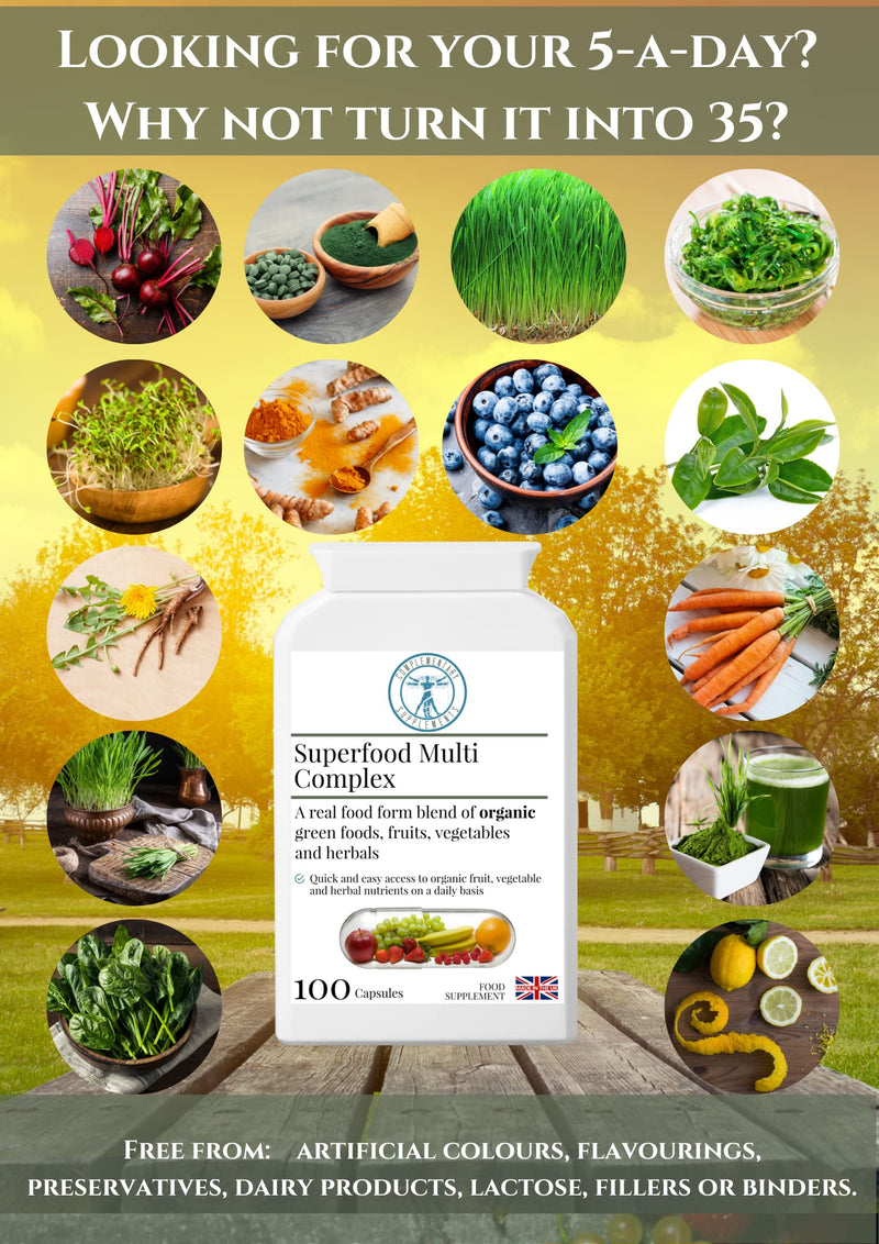 Organic Superfood Multi Complex - Wholefood Nutrition – Chlorella, Spirulina, Turmeric, Kelp, Organic Herbs, Vegetables, Fruits + Digestive Enzymes - 100 Capsules