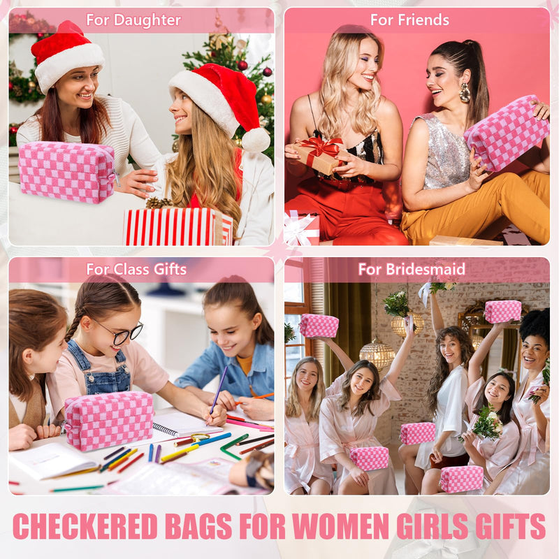 Giesiery 24 Pack Checkered Makeup Bag Bulk Cosmetic Organizer for Women & Teens Preppy Travel Toiletry Pouch for Skincare & Brushes Bridesmaid Proposal Gifts (24, Pink)