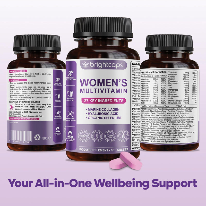 Women's Multivitamins and Minerals Enhanced with Collagen & Hyaluronic Acid - 27 Key Essential Ingredients Immune System & Health Support | 60 Tablets | Gluten Free