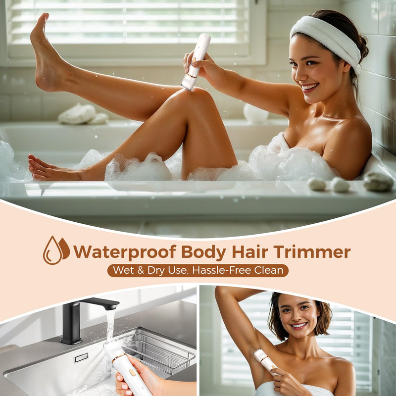 Bikini Trimmer for Women, 5-in-1 Waterproof Electric Razors for Women, Rechargeable Pubic Hair Trimmer, Electric Shaver with Travel Pouch, Body Shaver for Private Area Underarm Leg Face Nose, White