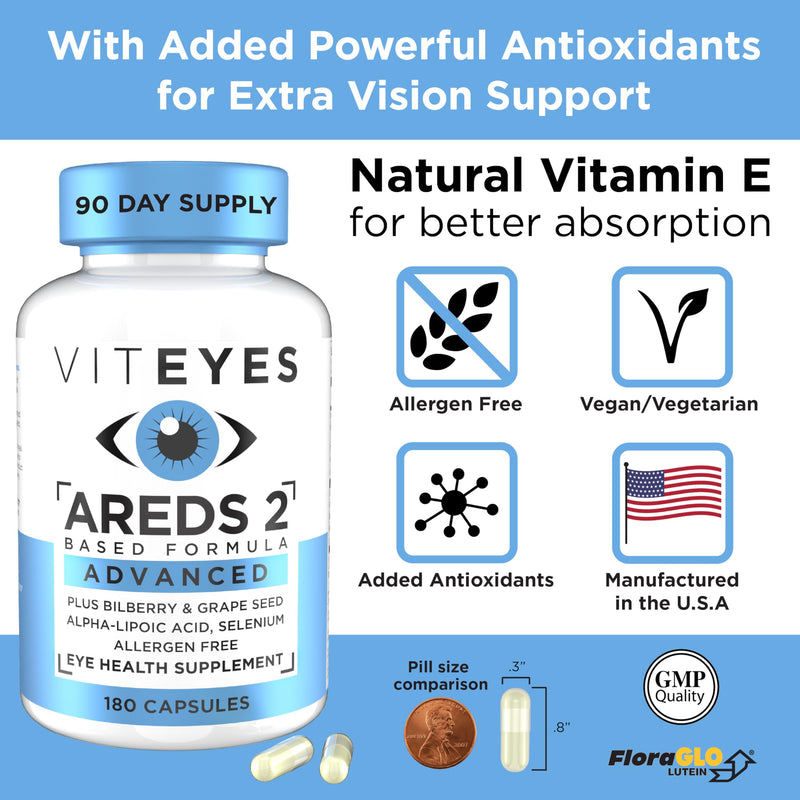 Viteyes AREDS 2 Advanced Eye Vitamins, Macular Support with Bilberry, grapeseed, FLORAGLO Lutein, Selenium, Natural Vitamin E, Allergen Free, Vision Protection, Eye Doctor Trusted, 180 Count 180 Count (Pack of 1)