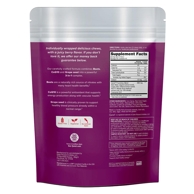 [Australia] - Qunol Beets Chews for Blood Pressure Support, 3 in 1 Beets + CoQ10 + Grape Seed Extract, Supports Healthy Blood Circulation & Heart Healthy Energy, 90 Chews 90 Count (Pack of 1) 