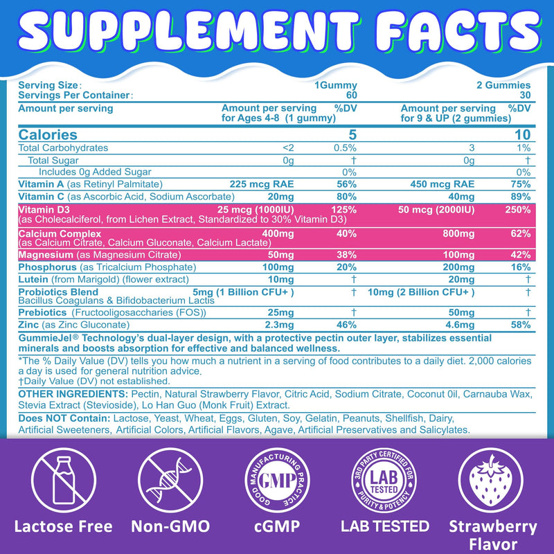 [Australia] - Kids Calcium Gummies + D3 & Magnesium for 4+, with Calcium Citrate Calcium Gluconate, Calcium Lactate, Probiotics & Prebiotics for Children Bone Health,Muscle Support,Digestive Health,Sugar Free 60Cts 60 Count (Pack of 1) 