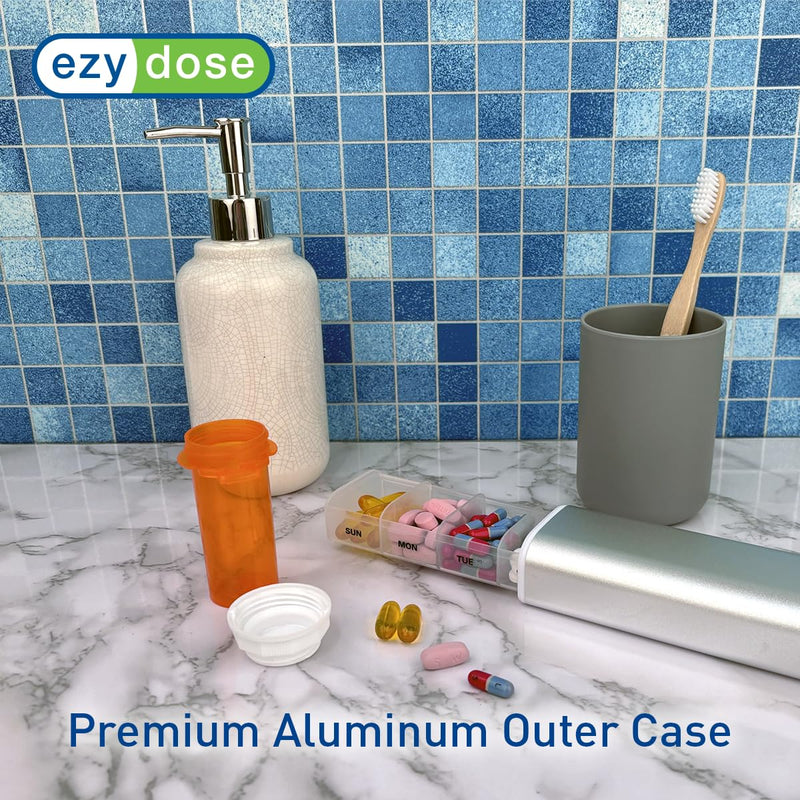 Ezy Dose Weekly (7-Day) Pill Organizer, Sliding Medicine Planner, Gray | Daily Medication Storage Case with BPA-Free Plastic with Aluminum Exterior, For Tablets, Vitamins & Supplements, 9-Inch 9 Inch