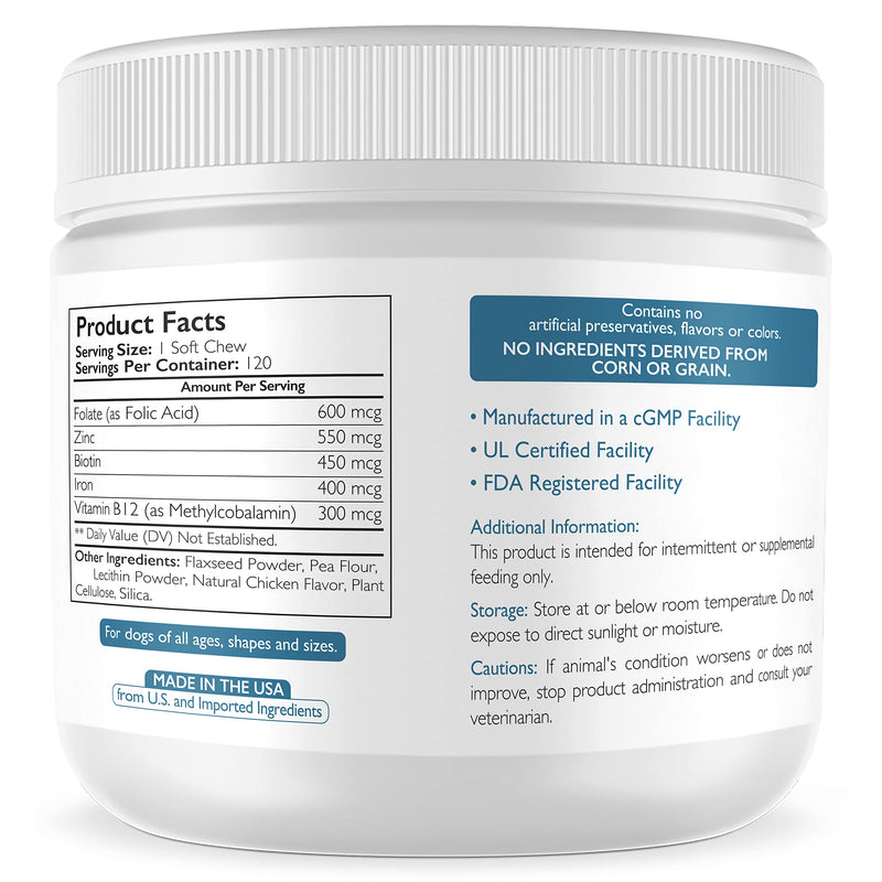 Folate for Dogs to Promote Cardiovascular & Prenatal Health, Support DNA Synthesis & Cell Maintenance, Folic Acid for Dogs with Zinc, Biotin, Iron & Vitamin B12, 120 Soft Chews - PawsPlanet Australia