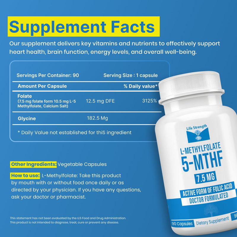 L-Methylfolate 7.5mg | 90 Capsules | Optimized & Highly Bioactive Methyl Folate Supplement | 5-MTHF Supports for Energy, Focus & Mood | Non-GMO, Gluten Free, Vegan | 3 Month Supply 7.5 mg
