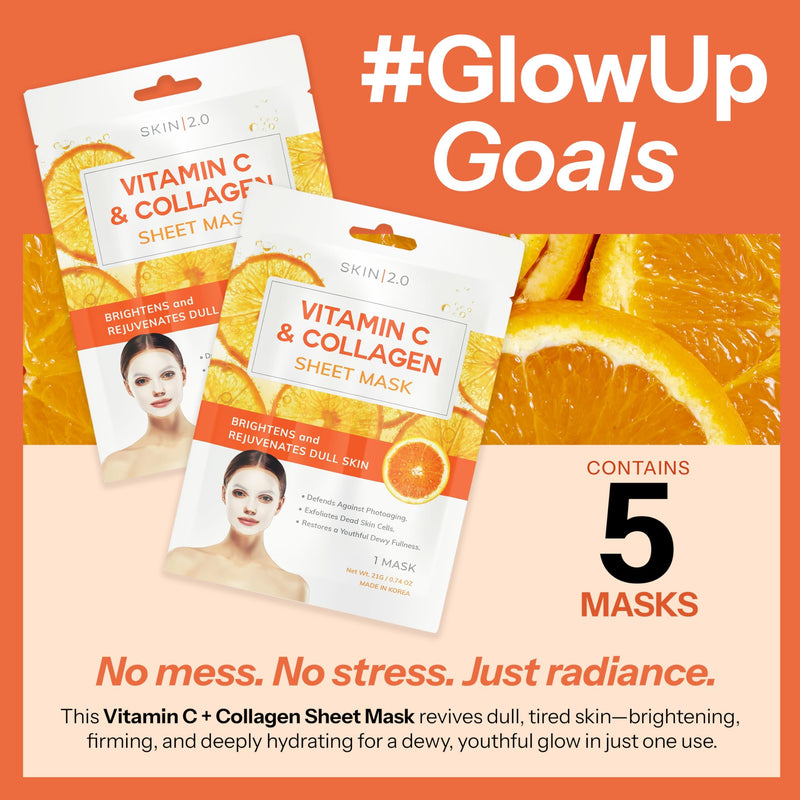 Skin 2.0 Vitamin C & Collagen Sheet Mask - Anti-Aging, Wrinkle & Age Spot Reducer, Hydrating & Moisturizing - Dermatologist Tested Korean Skincare, Clean Beauty, All Skin Types - 10 Count Vitamin C & Collagen (10pk)