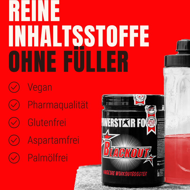 [Australia] - Powerstar BLACKOUT Hardcore Pre-Workout Booster 600g | High-dose pump booster with natural caffeine | Fitness, Energy & Focus | German manufacturing | Vegan | Juicy Orange training booster 