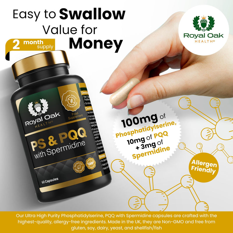 Phosphatidylserine 100mg, PQQ 10mg & Spermidine 3-in-1 Vegan Supplement - 60 Capsules, 2 Month Supply - UK Made, Non-GMO