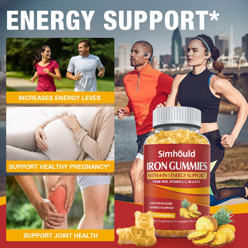 1 Pack Vegan 80MG Iron Supplement Gummies for Women & Men - Vitamin A, C, B for Adults & Kids - Blood & Builder & Energy Support for Iron Deficiency, Anemia - 60 Counts Pineapple Flavor Gummies Yellow - 1 Pack