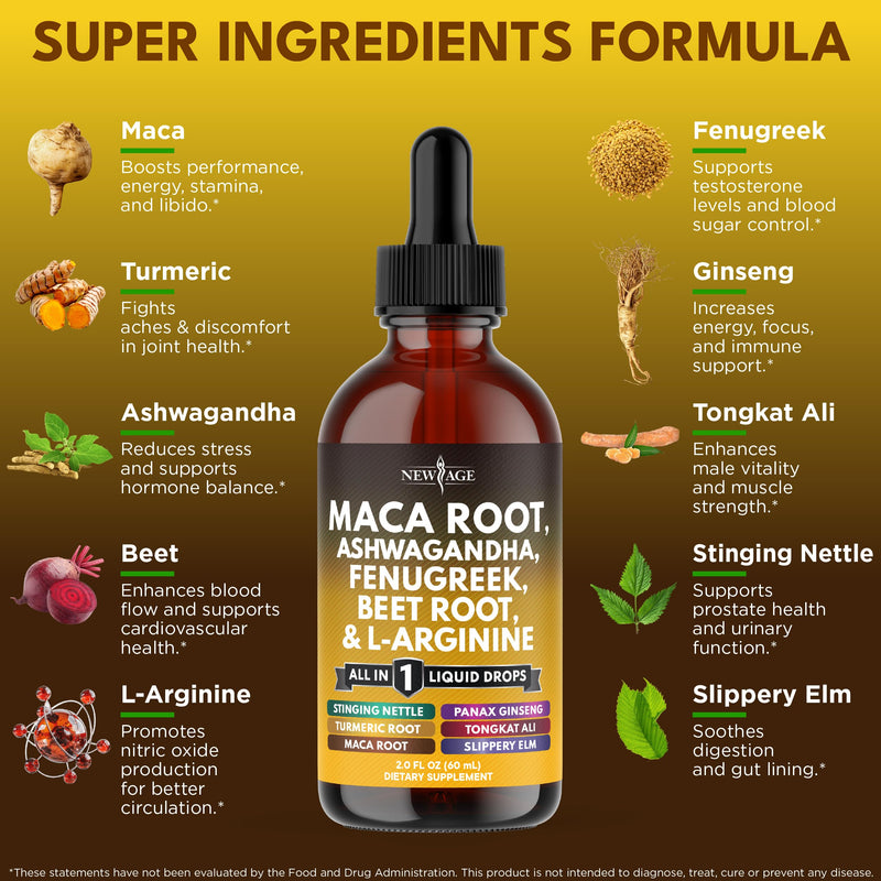 [Australia] - Organic Maca Root Liquid Drops with Ashwagandha, Nettle, Fenugreek, Beet Root and L-Arginine Liquid Multivitamin for Women and Men (1) 2 Fl Oz (Pack of 1) 