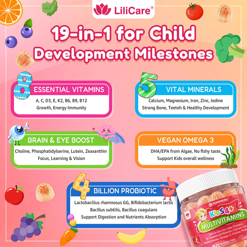Kids Multivitamin Gummies + Omega 3(DHA/EPA), Methylated Multivitamin for Kids + Iron, Choline, Probiotic, Vitamins A C D3 K2 E, Methylfolate, B6, B12 for Growth, Immune, Bone, Brain, No Sugar, 60 Cts