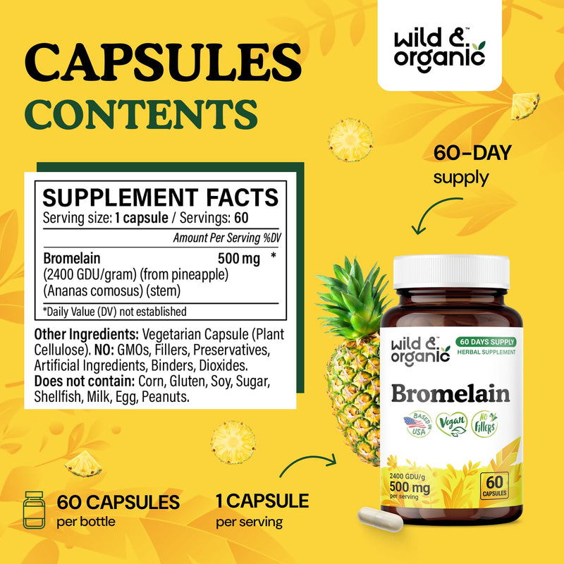[Australia] - Wild & Organic Bromelain 500 mg Capsules - Digestive Support - Bromelain Powder Supplement - Pineapple Enzyme Source - Vegan, No Fillers, Non-GMO - 60 Count 