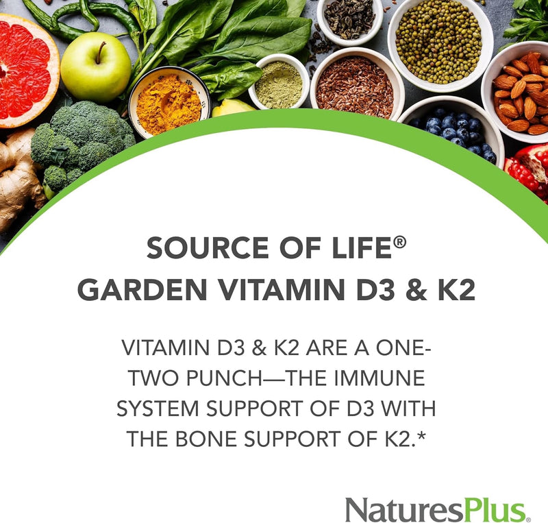 NaturesPlus Source of Life Garden Organic Vitamin D3 2000IU with K2 100mcg - Vegan Vitamin D3 and K2 Supplement - Immune Support, Bone Health - Gluten Free - 60 Capsules 60 Count (Pack of 1)