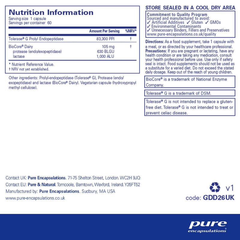 Pure Encapsulations Gluten Dairy Enzyme - Digestive Support for Gluten and Diary, 60 Capsules