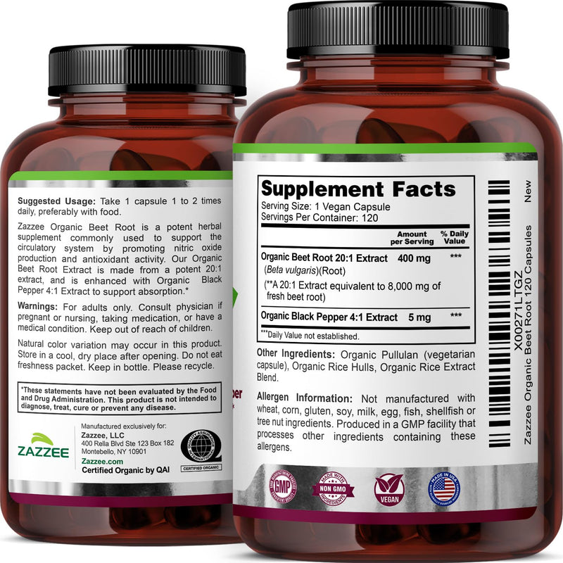 [Australia] - Zazzee USDA Organic Beet Root 8000 mg Strength 20:1 Extract, 120 Vegan Quick Release Capsules, Black Pepper Extract for Enhanced Absorption, Supports Nitric Oxide Production, Non-GMO, Made in The USA 120 Count (Pack of 1) 