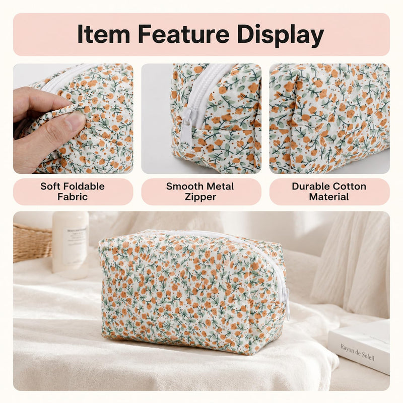 10 Pcs Cotton Makeup Bag, Quilted Floral Makeup Bags, 7.8x4.7x3.1 in | Cotton Floral Cosmetic Pouch, Quilted Travel Makeup Bags with Zipper for Women Bridesmaid Gifts Daily Use