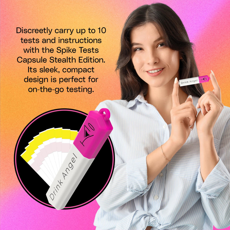 Spike Test Capsule Neon Pink Edition | Clinically Tested Drink Spiking Test Strips | UK Approved & California Compliant | Keyring Capsule with 10 Tests | Nights Out, Clubs, Parties