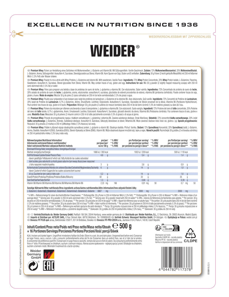 Weider Premium Whey, Vanilla Ice Cream - 500g 16 Portionen (1er Pack)