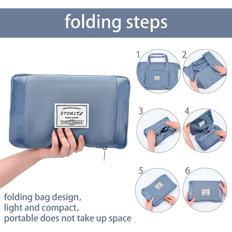 Storite Foldable Travel Duffle Bag, Blue, 40x23x30 cm | Water Resistant Nylon, Expandable Design, Lightweight, Spacious Storage, Travel, Gym, Shopping, Weekend Trips