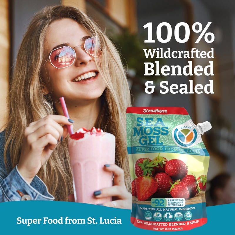 Yemayá Organic Sea Moss Gel Organic Raw | Wildcrafted Seamoss Gel Enhanced with Real Fruit, Supports Immunity, Energy, Digestion, Hair, Skin & Nails | 16 oz, Strawberry Flavor | Wildcrafted sea moss gel with real strawberry for immune and gut health su...
