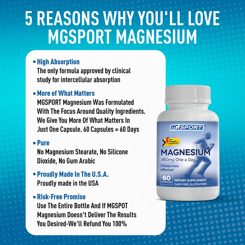 Magnesium Supplement Complex MGSPORT - High Absorption with Vitamins B6, D, E - Relieves Leg Cramps, Muscle Support & tensed Muscles 100 Servings 100 count (Pack of 1)