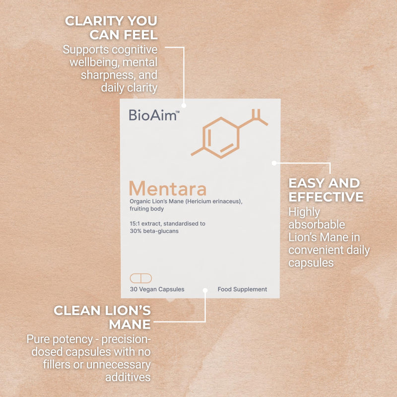 Focus Supplement, 30x Lions Mane Supplement Capsules for Focus, Memory & Clarity | Mentara | 400mg Fruiting Body Extract (6000mg Equivalent, 30% Beta Glucans) Vegan Organic Lion's Mane Mushroom