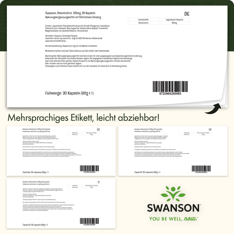 [Australia] - Swanson, Resveratrol, 100mg, 30 capsules, high dosage, laboratory tested, soy-free, gluten-free, non-GMO 