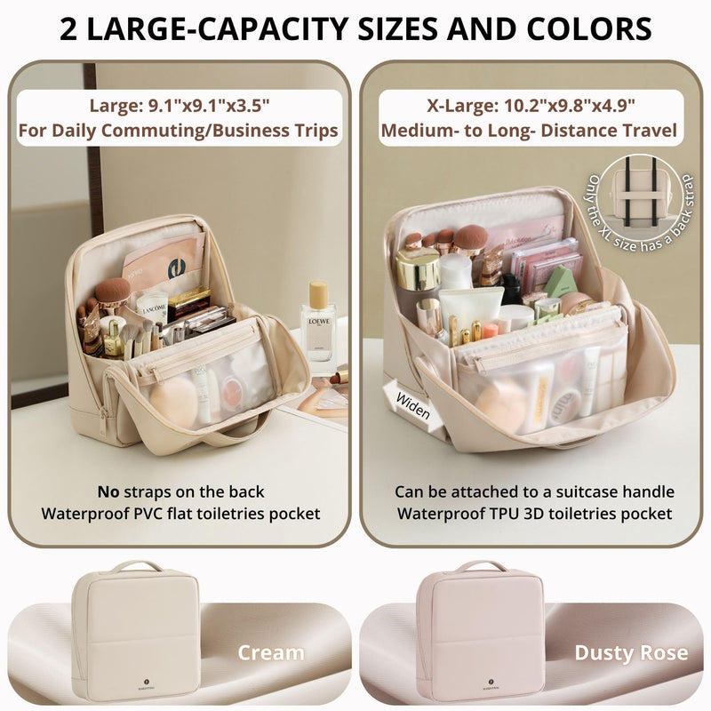 tianzong Travel Makeup Bag with Magnetic Fold-Down Flap, Waterproof Leather Cosmetic and Toiletry Organizer for Women, Multi-Zone Standing Storage, Cream, X-Large XL-Cream