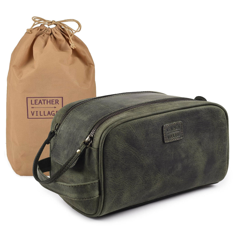 LEATHER VILLAGE Leather Toiletry Bag for Men, Travel Dopp Kit Shaving Bag | Full grain buffalo leather, water-resistant lining, 10x6x6 in, YKK zippers, side handle, travel shaving & grooming kit -Olive Olive