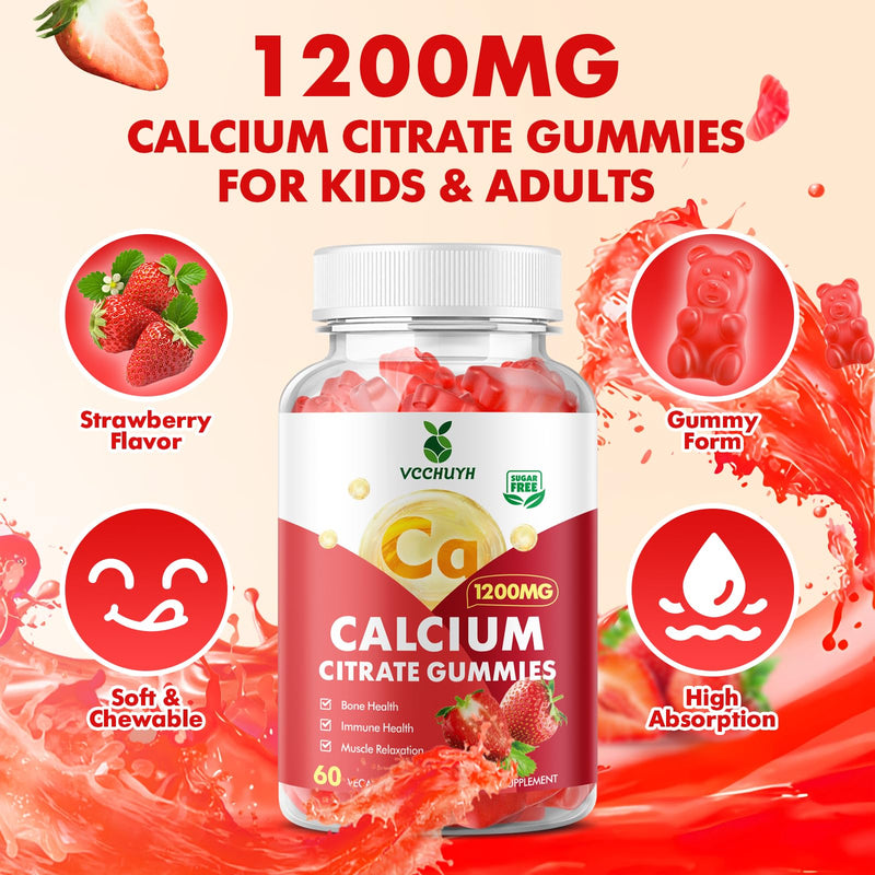 Calcium Citrate Gummies 1200mg, Chewable Calcium Supplements for Women & Men, Sugar Free Calcium Gummies for Bone, Muscle & Immune Support, Strawberry Flavor 60 Count 60 Count (Pack of 1)