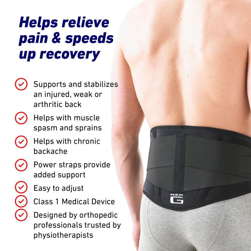 [Australia] - Neo G Back Brace with Power Straps - Support For Lower Back Pain, Muscle Spasm, Strains, Arthritis, Injury Recovery, Rehabilitation - Adjustable Compression - Class 1 Medical Device - One Size - Black 